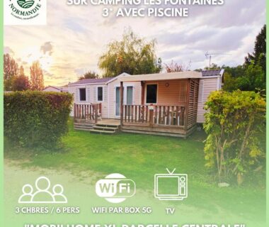Devant le mobilhome sur parcelle gazonnée au Séjour Normandie Mobilhome confort 3ch 6p 164