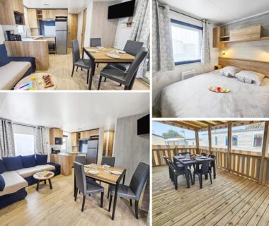 Mobil-home salon chambre et terrasse en bois au Séjour en Forêt 4 étoiles