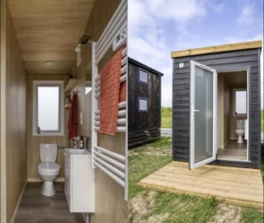 Extérieur du chalet avec porte ouverte et salle d'eau visible au Slow Village Breizh Légendes