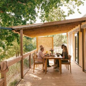 Terrasse en bois avec table et deux personnes au Slow Village Pornic
