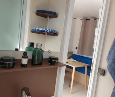 Salle de bain avec lavabo et miroir dans mobilhome Spacieux mobilhome climatisé 4 P au GRAU du Roi en Camargue