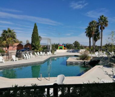 Piscine avec transats et palmiers au Spacieux mobilhome climatisé 4 P au GRAU du Roi en Camargue