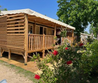 Terrasse en bois et végétation au Super Mobil Home Tout confort 6 personnes