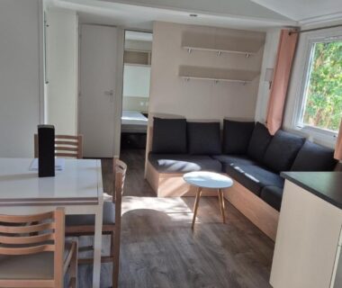 Salon avec canapé d'angle table et kitchenette dans le Superbe Mobil home 6-8 personnes (57)