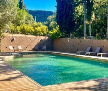 Piscine et transats entourés d'arbres du Tente Lodge pour 8 avec Terrasse à Sartène API-1-52-1656