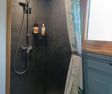 Douche moderne avec pommeau et fenêtre dans le Tiny House de la Côte Roannaise