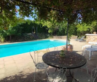 Terrasse ombragée au bord de la piscine avec table et chaises de la Tiny House de la Côte Roannaise