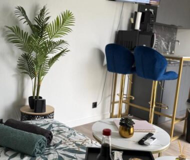 Intérieur avec coin repas lit et kitchenette dans la Tiny house – piscine et vélos