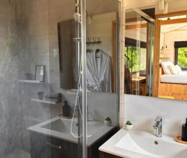 Salle de bain avec douche et lavabo dans la Tiny house romantique avec bain nordique