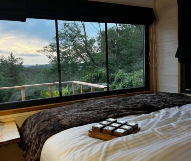 Chambre avec grande fenêtre donnant sur la campagne dans la Tiny house romantique avec bain nordique