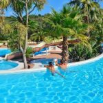 Piscine avec toboggans et palmiers au camping U FARNIENTE