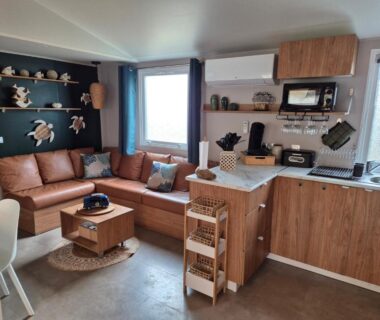 Salon avec canapé et kitchenette dans le mobil-home Un toit sur le bassin les Embruns
