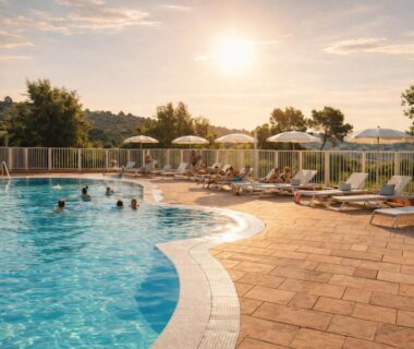 Piscine extérieure avec transats et parasols au camping Versants – La Croix Valmer
