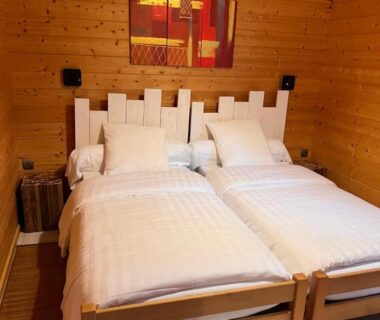 Chambre de chalet avec deux lits jumeaux et boiserie intérieure dans le Volcans Vacances Les Chalets Du Lac