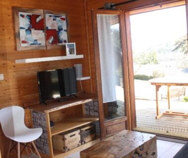 Salon en bois avec télévision et terrasse ouverte au Volcans Vacances Les Chalets Du Lac