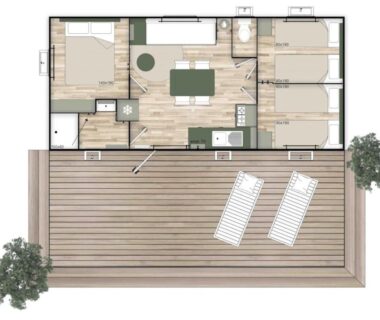 Plan du mobil-home avec terrasse et transats au ZEcamping 2 étoiles avec animaux acceptés piscine à 4km de la plage