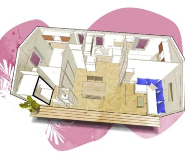 Plan 3D intérieur et terrasse du mobil-home ZEcamping 3 étoiles 4km plage piscine sauna dog friendly salle fitness