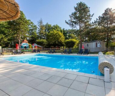 Piscine extérieure entourée d'arbres et mobil-homes au ZEcamping 3 étoiles bord de Loire