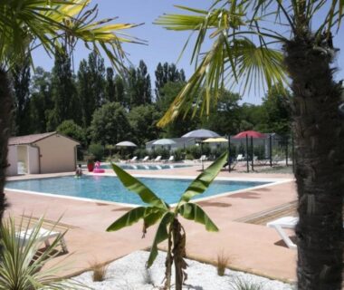 Piscine extérieure entourée de palmiers au ZEcamping 3 étoiles chiens acceptés piscine en bord de rivière avec Canoë