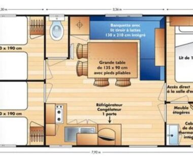 Plan intérieur du mobil-home avec chambres et salle d'eau au ZEcamping 3 étoiles club enfant équitation piscine chauffée
