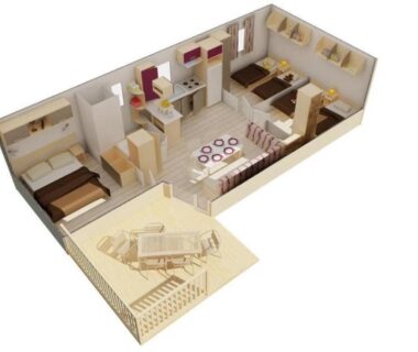 Plan intérieur mobil-home avec terrasse du ZEcamping 3 étoiles dog friendly bien-être piscine au bord dun lac