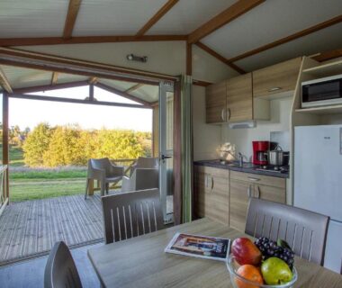 Intérieur mobil-home avec cuisine et terrasse sur pelouse au ZEcamping 3 étoiles familial dog friendly piscine chauffée restaurant et bar