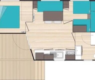 Plan intérieur montrant terrasse cuisine et chambres du ZEcamping 3 étoiles pet friendly avec piscine et pataugeoire