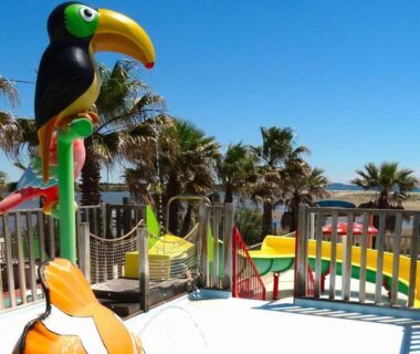 Aire de jeux aquatique avec toboggans et palmiers au ZEcamping 4 étoiles