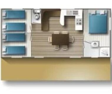 Mobil home avec salon et lits au ZEcamping 4 étoiles familial avec étang de pêche et piscine chauffée