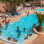 Piscine extérieure animée avec baigneurs transats et palmiers au ZEcamping 4 étoiles parc aquatique hammam et restaurant