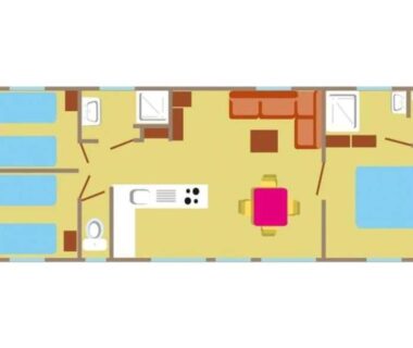 Plan intérieur d'un mobil home avec trois chambres et salon au ZEcamping familial espace aquatique pet friendly