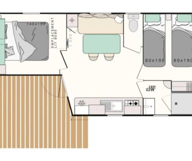 Plan intérieur de mobil-home avec deux chambres et terrasse au ZEcamping parc aquatique pet friendly club enfant