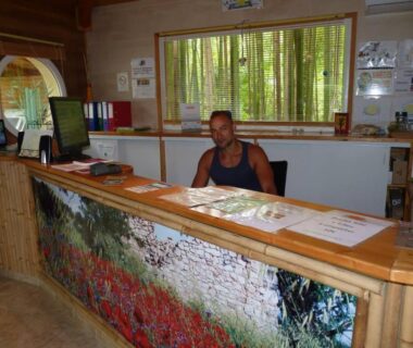 Accueil en bois avec réceptionniste et fenêtre sur bambous du camping le Fief d'Anduze