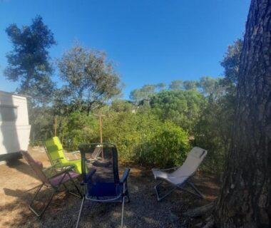 Coin détente sous pin avec chaises et transat au mobil home 3 chambres Fréjus domaine du Pin de la Lègue