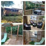 Terrasse en bois avec salon extérieur et chaises longues du chalet