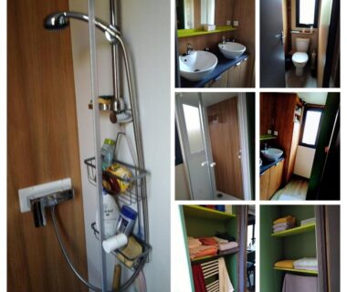 Salle de bain avec douche et vasques du chalet