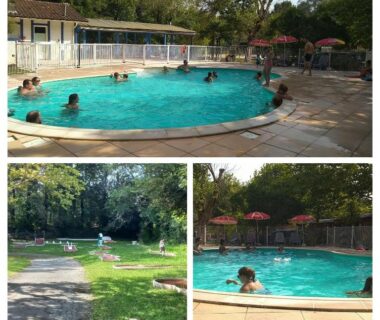 Piscine ronde avec parasols dans le camping du chalet