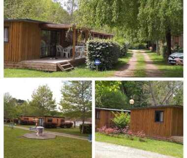 Allée gazonnée et terrasses en bois au chalet
