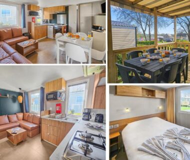 Intérieur séjour et kitchenette avec terrasse couverte au mobil-home du camping le Nomatitoz