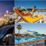 Piscine extérieure avec toboggans transats et mobil-homes au camping le lac des rêves 4 étoiles