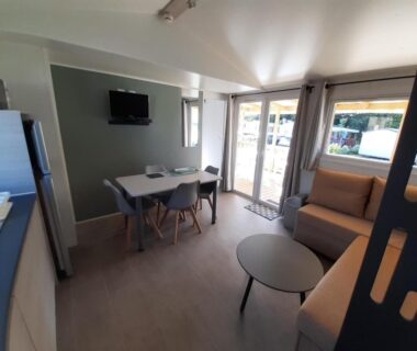 Séjour avec canapé table basse et baie vitrée dans le mobil-home litteau 213