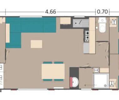 Plan intérieur avec chambres et cuisine du mobil home 8 pers à Saint Jean de Monts camping 4 étoiles