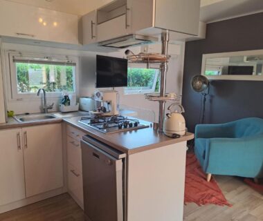 Cuisine et coin salon dans le mobil home Confort Landes 38m2