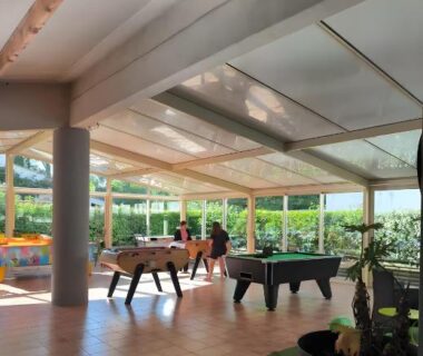 Espace couvert avec baby-foot et billard et plantes au mobil-home Le Marie Elodie 85