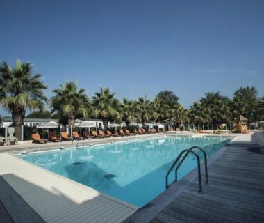 Piscine extérieure avec transats et palmiers au mobil home climatisé