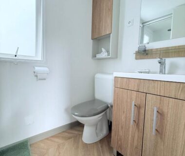 Salle de bains avec WC et meuble vasque du mobil home détente et soleil