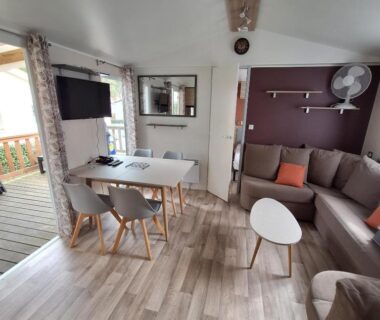 Salon et coin repas avec terrasse visible dans le mobil-home Family 6 personnes