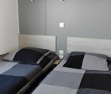 Chambre avec deux lits simples et petites plantes sur étagère dans le mobil home Le Castellas Bertrand