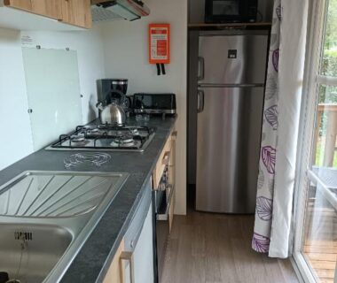 Cuisine équipée avec plaque gaz évier et réfrigérateur dans le mobil home moderne et spacieux