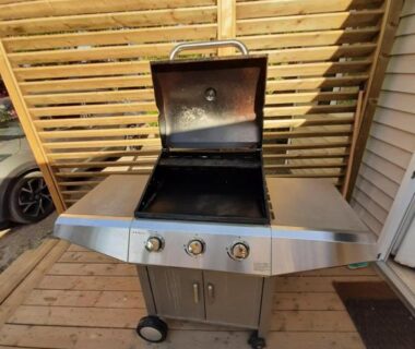 Terrasse avec barbecue à gaz du mobile home entièrement équipé